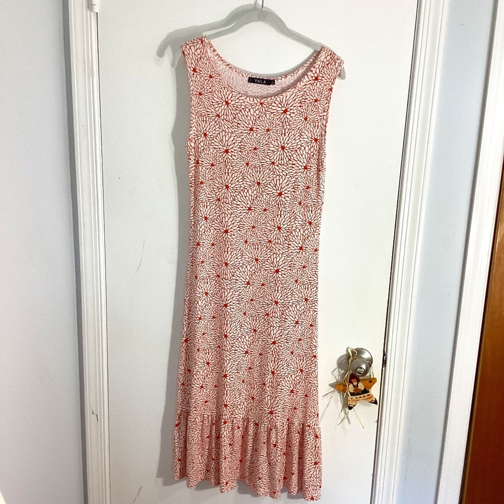 YALA WOMAN SIZE 4 MAXI KNIT DRESS VISCOSE FLORAL WHITE CARAMEL RUFFLE